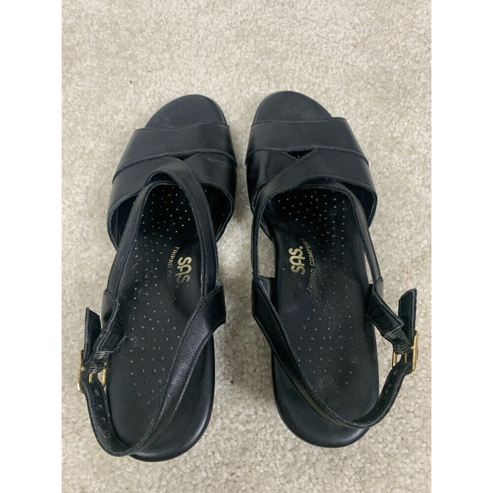 Sas Sandals Womens 7.5S Open Toe Slingback Comfort Black Leather Hook & Loop